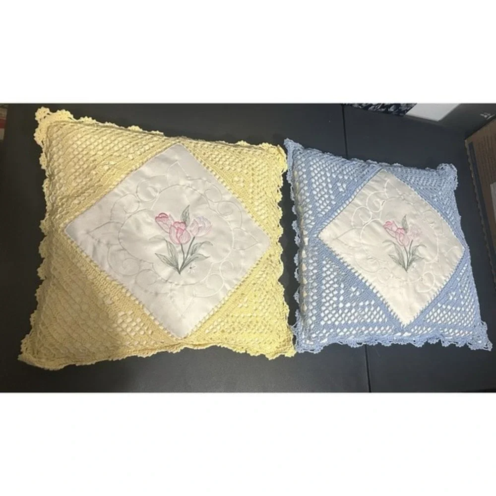 2-PC Vintage Crocheted Embroidered Handmade Pillows Flower Design Blue &‎ Yellow